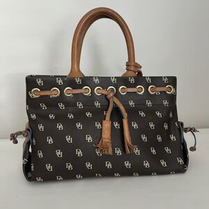 Dooney & Bourke DB Signature Tassel Tote Bag Brown Monogram Heart Charm Mini